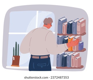 Cartoon vector illustration of Young man taking, picking a book from bookshelf, shelf in library, store, at home. Choosing, picking a book from bookshelf