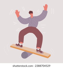 Cartoon vector illustration of Young man trying to get balance on board standing. Business challenge, balance, stability concept