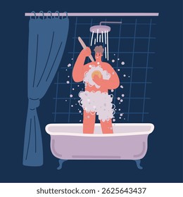 Cartoon, Vektorgrafik eines jungen Mannes, der den Körper mit Schaum in der Badewanne auf dunklem Hintergrund wäscht