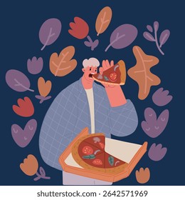 Cartoon vector illustration of young man with enjoying eating delicious slice of pizza.