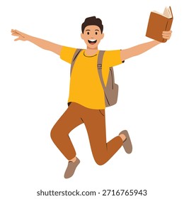 Ilustração vetorial de desenhos animados de jovem com mochila saltando adequado para o viajante do estudante felicidade divertida alegria emoção ou desenho animado temático criativo arte