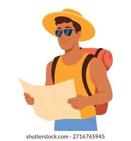 Ilustración vectorial de dibujos animados de hombre joven de pie con el mapa de la tenencia de la mochila del turista ideal para el viaje, la exploración, la aventura, y el arte creativo turístico