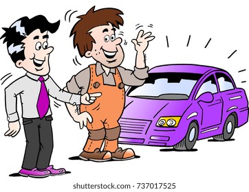 Cartoon Vector illustration of a young man there are happy for the new auto car
