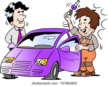 Cartoon Vector illustration of a young man who receives the key to his new car