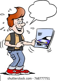 Cartoon Vector illustration of a young man there looking at a new sports car brochure folder
