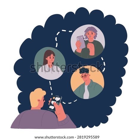 Cartoon vector illustration of young man using smart phone cellphone for calls, social media, mobile application online over dark background