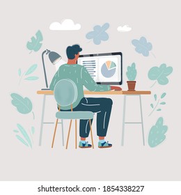 Cartoon vector illustration of Young manager sitting at desk in bright office, working. Rear view. Office or homework process.