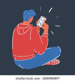 Cartoon vector illustration of young men sitting with phone. Rere view on dark backround.