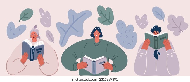 Cartoon vector illustration of Young men and women students reading paper books set. Smiling people readers standing holding open textbooks paperback books. Education, literature knowledge.