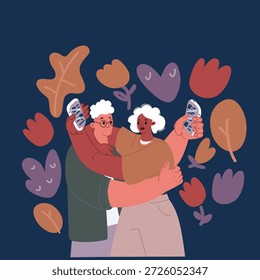 Ilustración vectorial de dibujos animados de jóvenes usuarios de móviles, pareja amorosa cónyuges novia y novio usando teléfonos inteligentes juntos, navegando en Internet en línea, comercio electrónico, banca electrónica sobre fondo oscuro