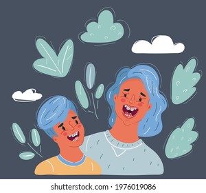 Cartoon vector illustration of A young mother mother jokes with her little son. Laughing people. Human faces on dark background.