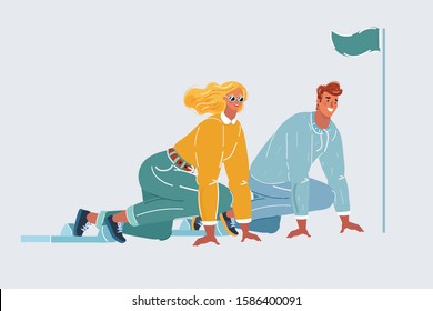 Cartoon vector illustration of young people in start a sprint race. Сompetitive concept