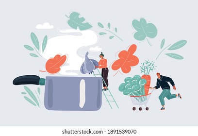 Cartoon vector illustration of young people preparing dinner together. Cooking with big pan.