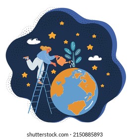 Cartoon vector illustration of Young plant growing from a globe with watering can and water drops over dark backround.