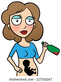 Cartoon vector illustration of young pregnant woman drinking alcohol