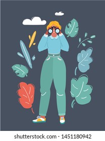 Cartoon vector illustration of young pretty woman look at you with binoqular on dark background.