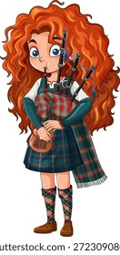 Cartoon vector illustration of a young red-haired girl playing bagpipes in traditional Scottish tartan.