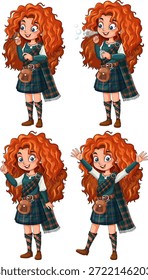 Cartoon vector illustration of a young redhead girl in a tartan dress showing various emotions.