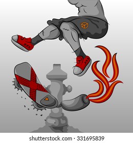 Cartoon vector illustration of a young skateboarder flipping an extreme skateboard with exhaust, fire and spiked wheels