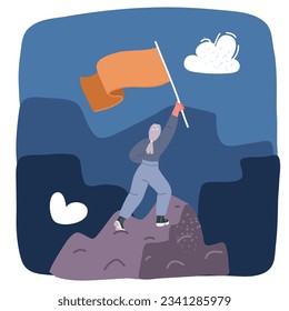 Cartoon vector illustration of young smart businesswoman looking goal target at top of the mount over dark background