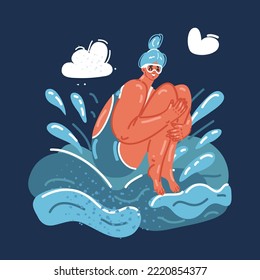 Cartoon vector illustration of Young smiling woman dives into the sea over dark backround