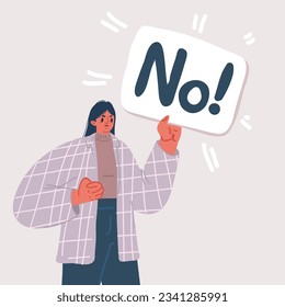 Cartoon vector illustration of young smiling woman holding a blank sheet of paper with No slogan on it.