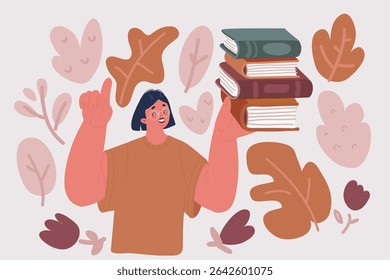 Cartoon vector illustration of Young smiling happy fun cheerful smart teen girl student hold pile of books. High school university college concept