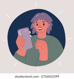 Cartoon vector illustration of Young smiling woman holding smartphone. female Avatar over dark background