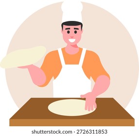 Cartoon, Vektorgrafik eines jungen lächelnden Kochs, der eine köstliche Pizza zubereitet. Ein professioneller Koch Kneten Teig in der Küche. Italienische Küche, Restaurant und Bäckerei Konzept
