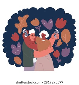 Cartoon vector illustration of Young smiling happy couple two friends family man woman wear casual clothes hold in hand use mobile cell phone together chatting over dark background