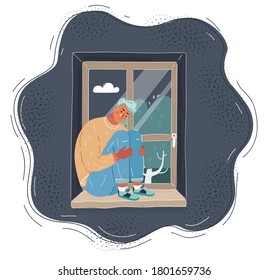 Cartoon vector illustration of young teenager is sitting on a window and into deeply thinking.