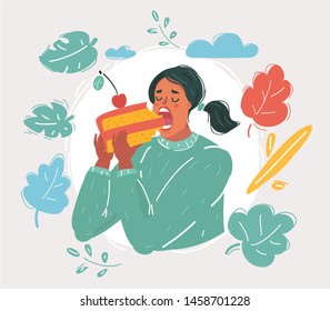 Cartoon vector illustration of Young thoughtful woman greedily eats big peace of cake. Unhealthy nutrition on white background.