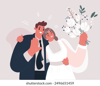 Cartoon vector illustration of Young wedding couple together hugging.