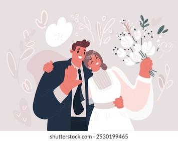 Cartoon vector illustration of Young wedding couple together hugging.