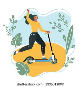 Cartoon vector illustration of Young woman riding a kick scooter.