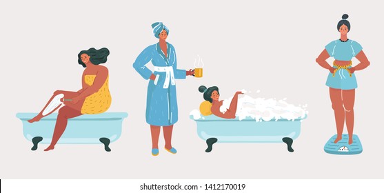 Cartoon vector illustration of Young Woman care situation. Isolated on White Background. Female Character Spend Time in bathtub, shaving her legs, relaxing, measures her weight on scale.
