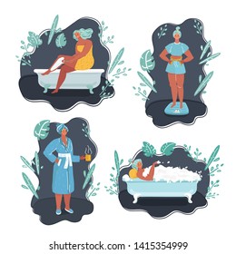 Cartoon vector illustration of Young Woman care situation. Night evening of self. Female Character Spend Time in bathtub, shaving her legs, relaxing, measures her weight on scale.