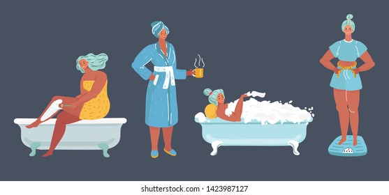 Cartoon vector illustration of Young Woman care situation. Female Character Spend Time in bathtub, shaving her legs, relaxing, measures her weight on scale. Dark evening, night background.