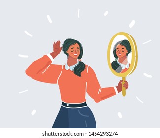 Cartoon vector illustration of Young woman looking on herself reflection in mirror.