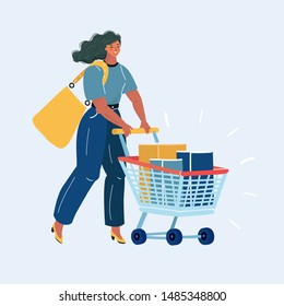 Cartoon vector illustration of Young woman pushing supermarket shopping cart full of items. Illustration isolated on white background.