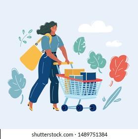 Cartoon vector illustration of Young woman pushing supermarket shopping cart full of item. Human character isolated on white background.