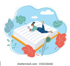 Cartoon vector illustration of Young woman reading big book while she lying on it.