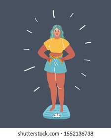 Cartoon vector illustration of Young woman on bathroom scale worrying about her weight. Human charcter on dark background.