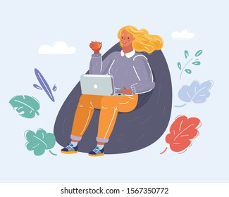 Cartoon vector illustration of Young woman sits on bean bag with laptop. Work and chill.