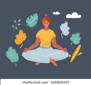 Cartoon vector illustration of young woman meditating in pose of lotus o dark background.