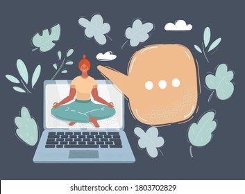 Cartoon vector illustration of young woman attend yoga with laptop on white background