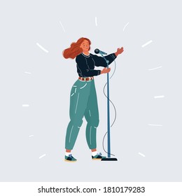 Cartoon vector illustration of young woman singing or man speaks to the public standup with microphone character on white background