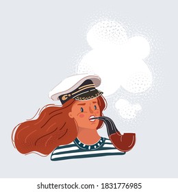 Ilustración vectorial de dibujos animados de una joven mujer que usa una gorra de vela y fuma una tubería de tabaco. Concepto de capitán femenino.