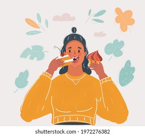 Cartoon vector illustration of young woman eating cake