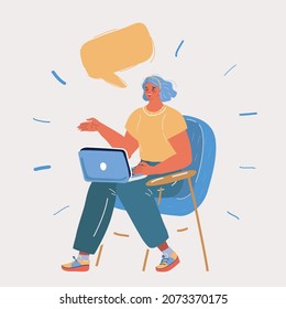 Cartoon vector illustration of Young woman communicates using a computer online. Character sitting at chair.